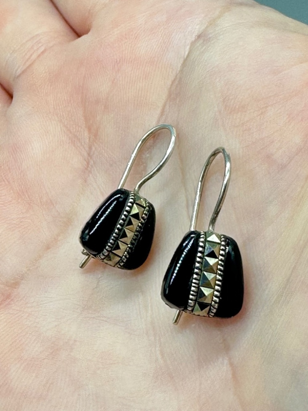 Sterling Silver Black Onyx Marcasite Dangle Hook Earrings Jewelry Stone